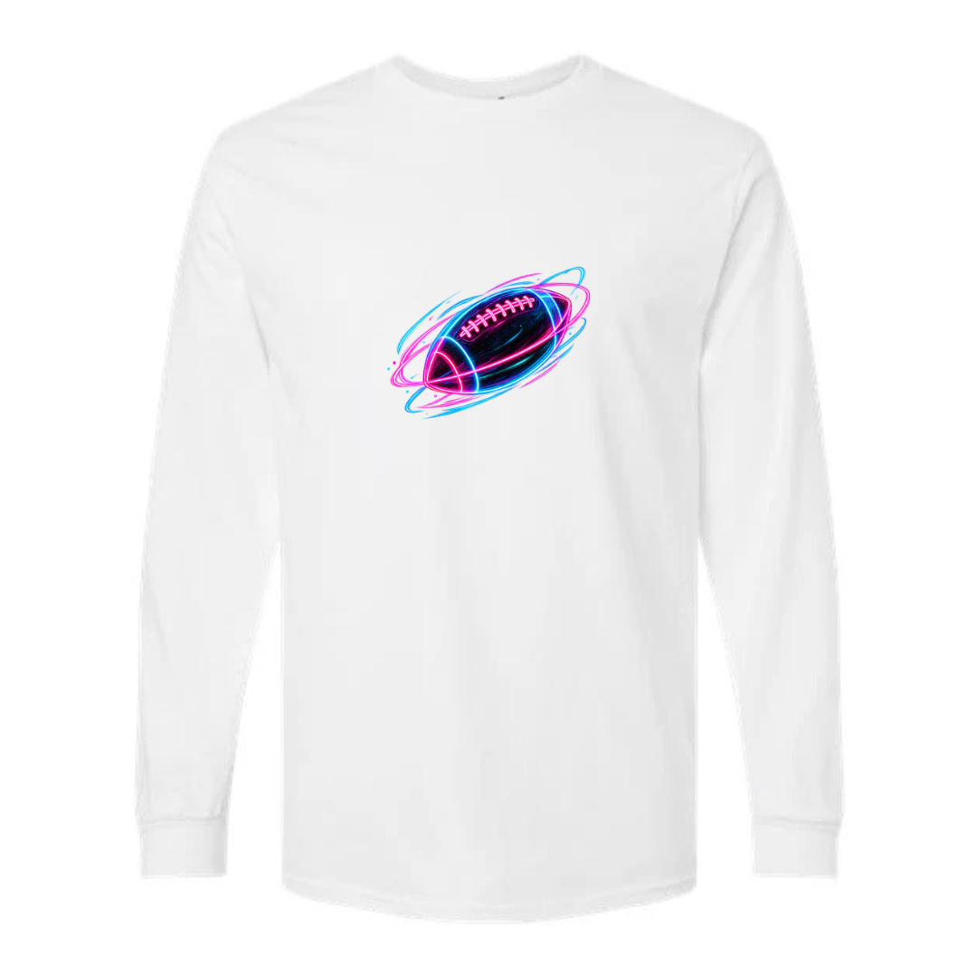 Neon Football design on white long sleeve tee