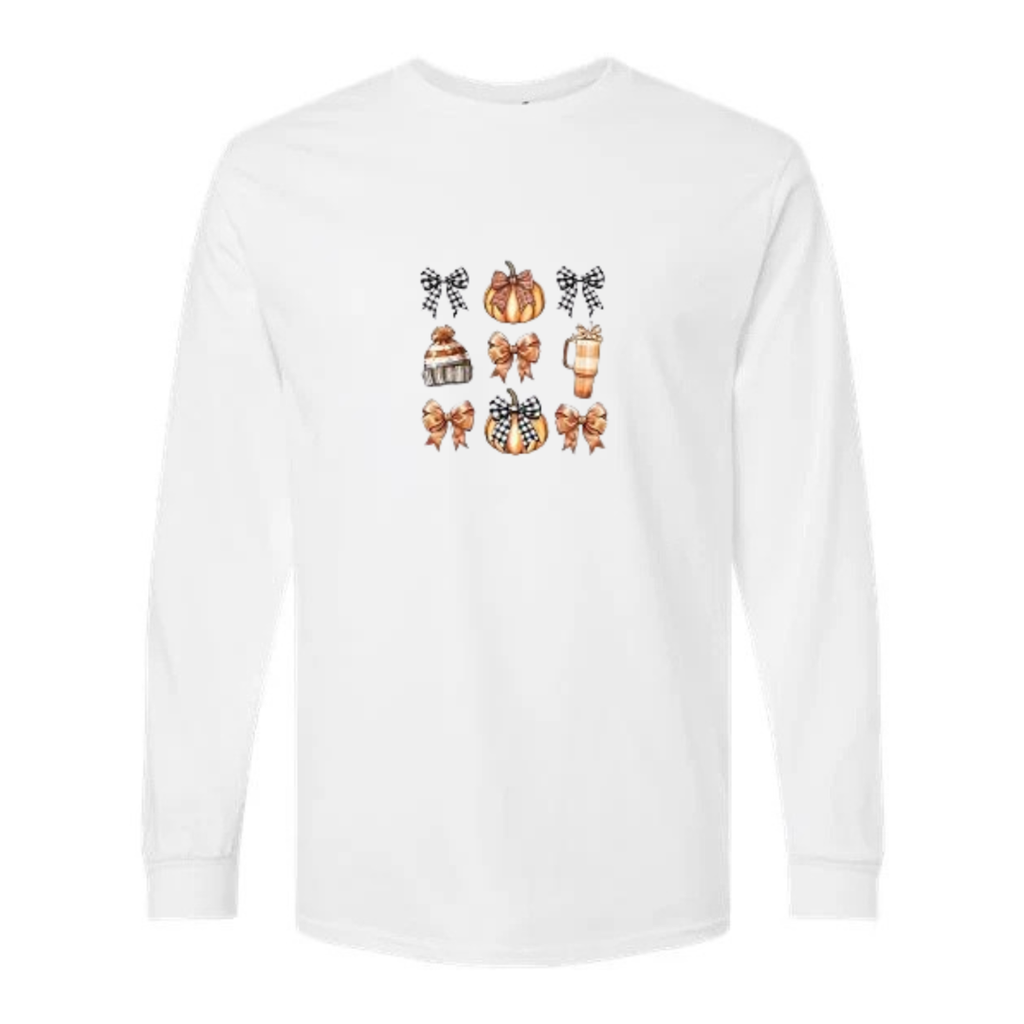 Cozy Bows and Brews design on white long sleeve tee