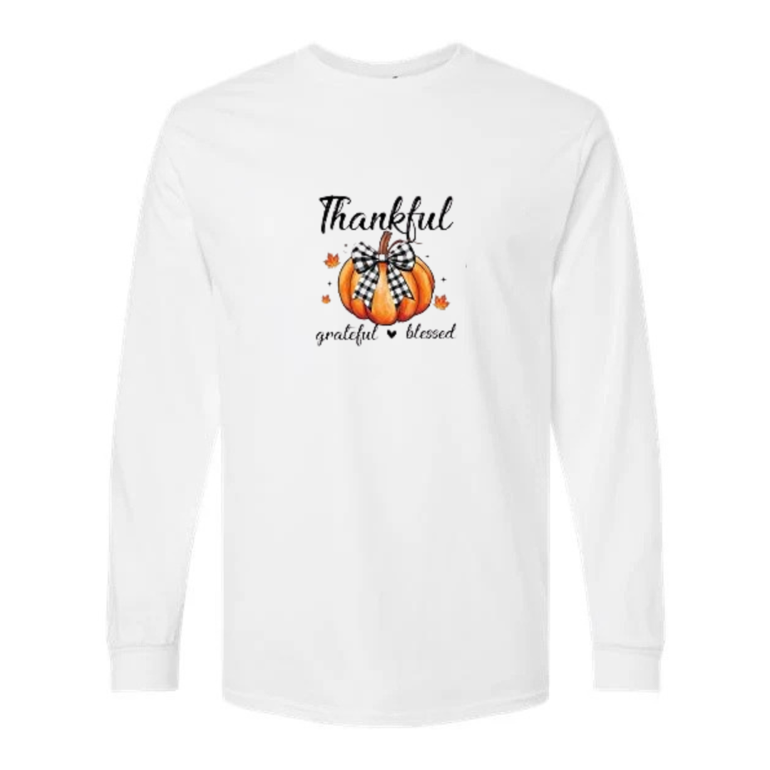 Thankful Grateful Blessed design on white long sleeve tee