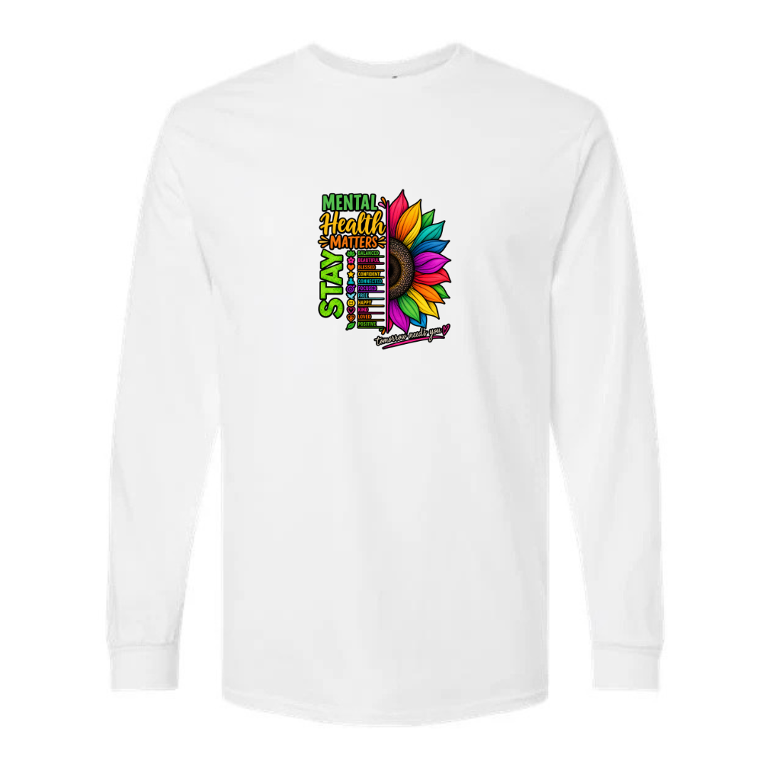 Mental Health Matters — Rainbow Sunflower design on white long sleeve tee
