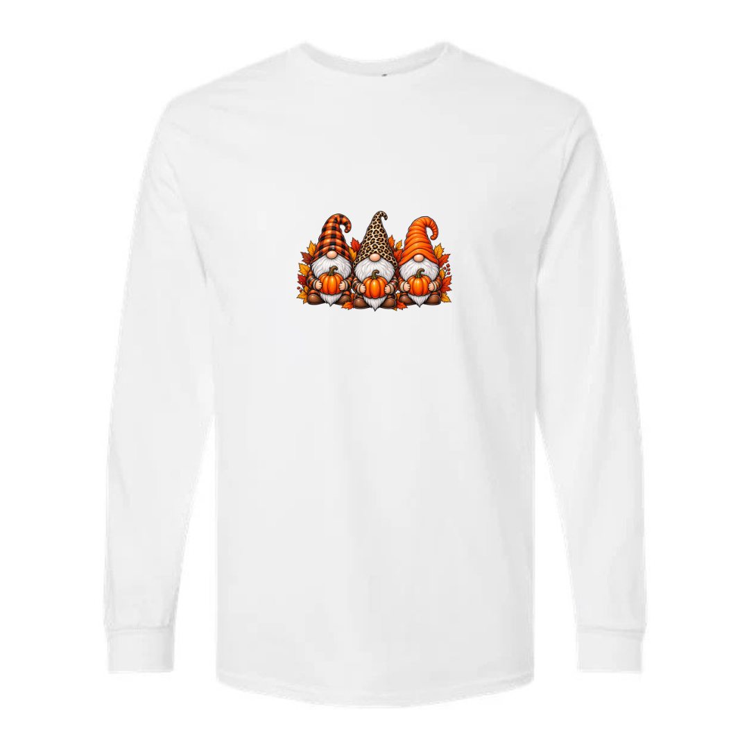 Fall Gnomes design on white long sleeve tee