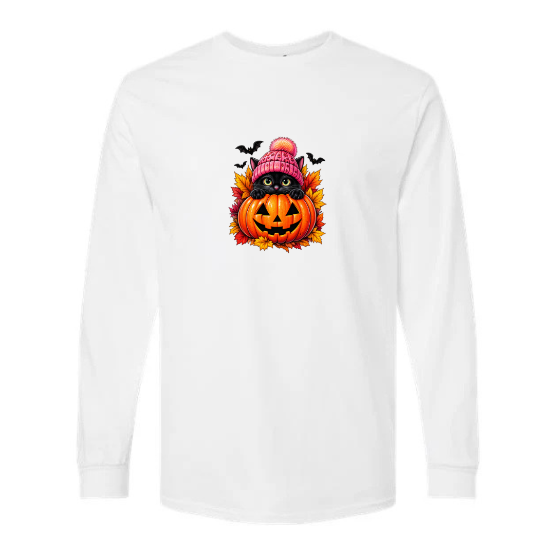 Black Cat Jack-O-Lantern design on white long sleeve tee