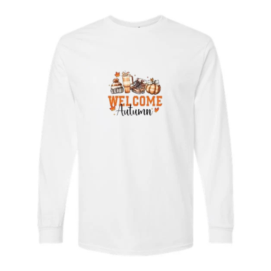 Welcome Autumn design on white long sleeve tee