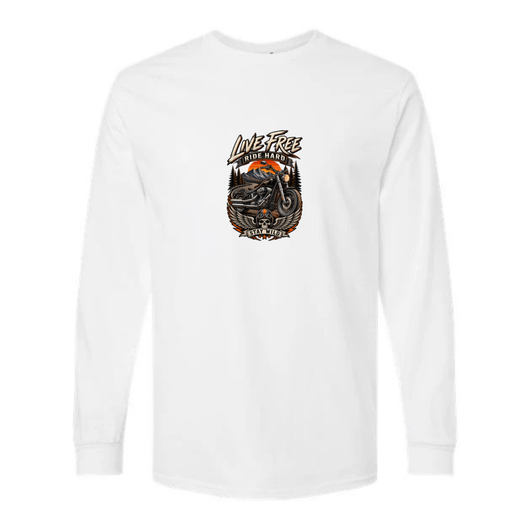 Live Free Ride Hard design on white long sleeve tee