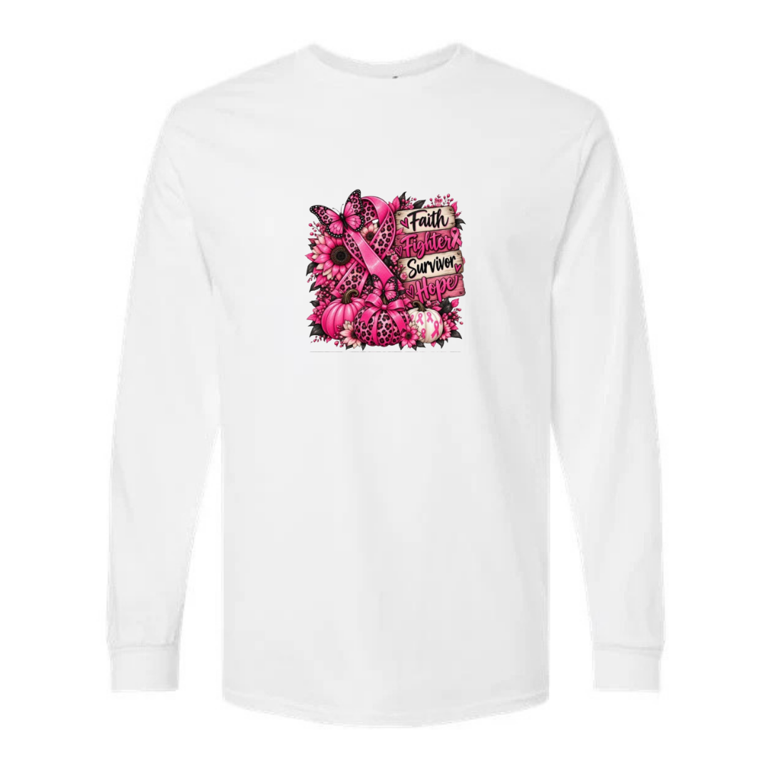 Faith Fighter Survivor Hope design on white long sleeve tee