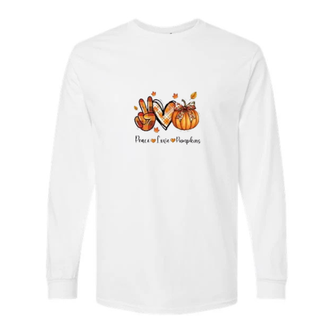 Peace Love Pumpkins design on white long sleeve tee
