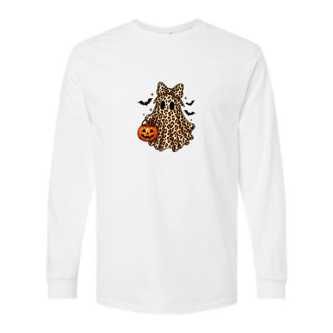 Leopard Ghost With Pumpkin Pail design on white long sleeve tee