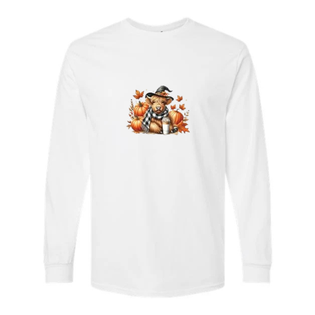 Cozy Highland Cow design on white long sleeve tee
