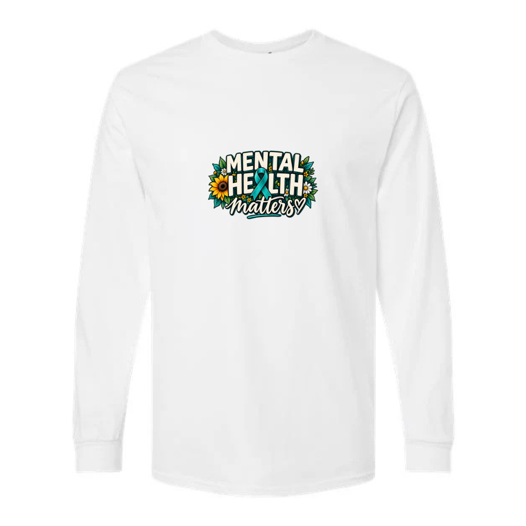 Mental Health Matters — Teal Ribbon design on white long sleeve tee