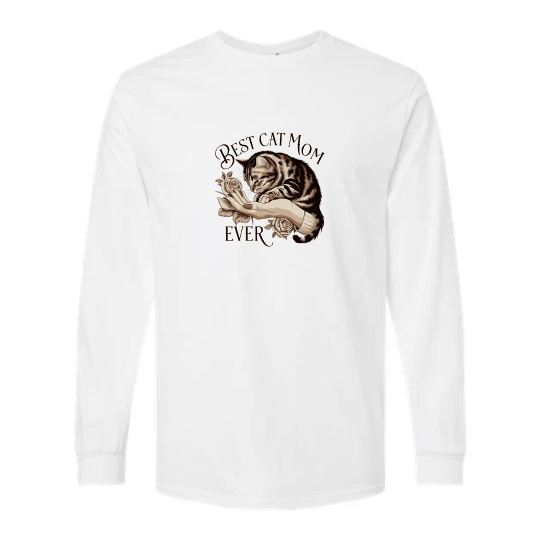 Best Cat Mom Ever design on white long sleeve tee