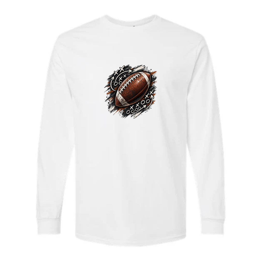 Football Playbook design on white long sleeve tee