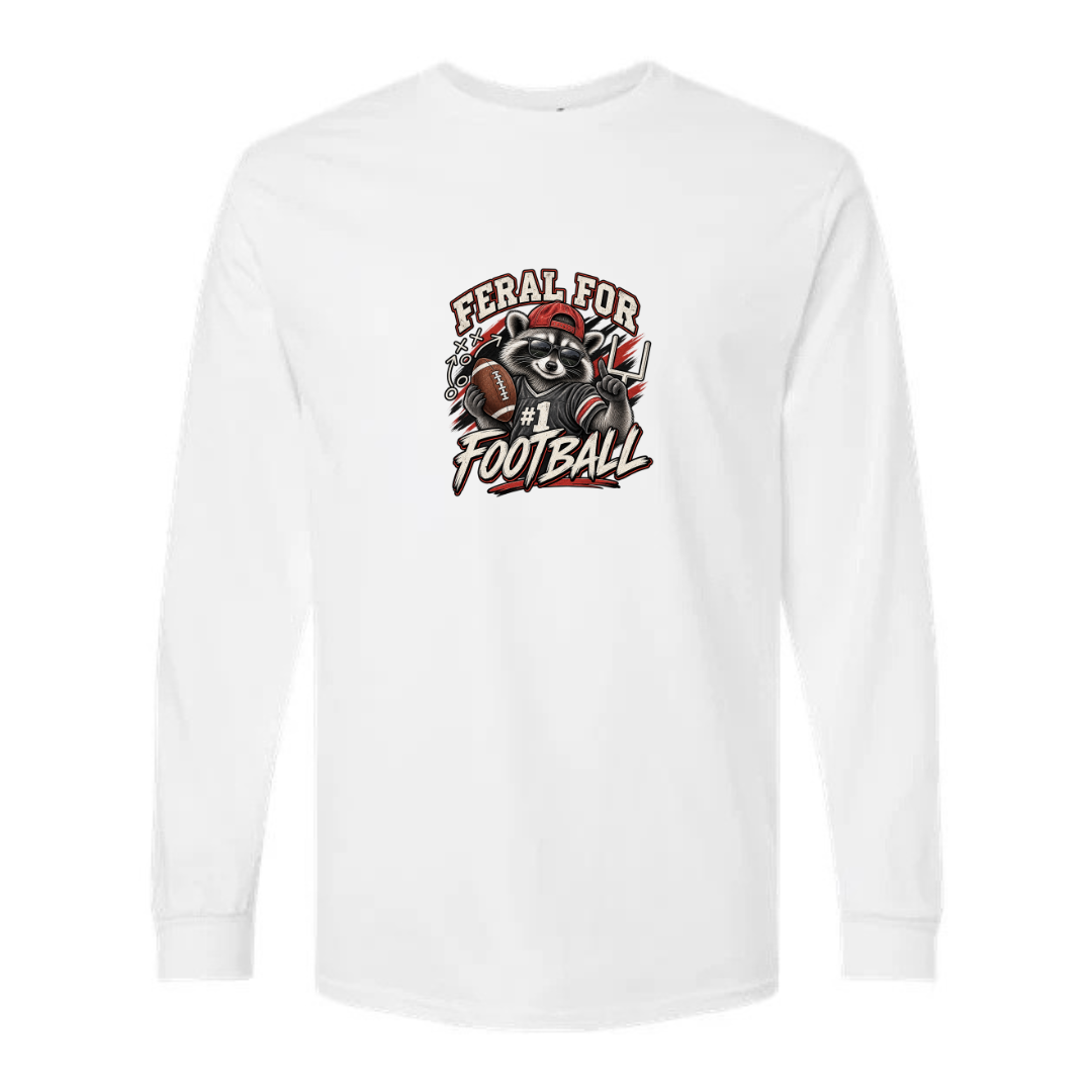 Feral For Football — Varsity Red design on white long sleeve tee