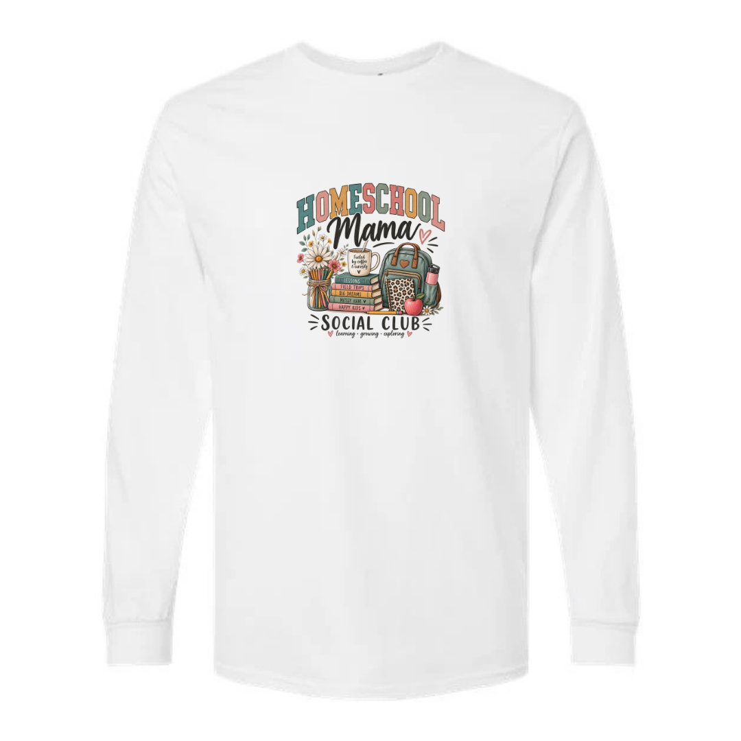 Homeschool Mama Social Club design on white long sleeve tee