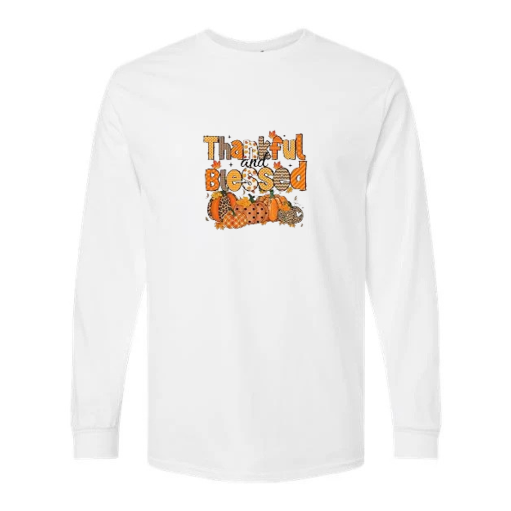 Thankful And Blessed design on white long sleeve tee