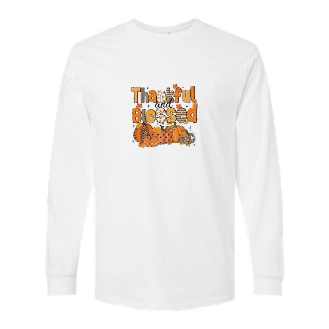 Thankful And Blessed design on white long sleeve tee