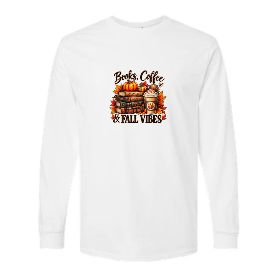 Books Coffee & Fall Vibes design on white long sleeve tee
