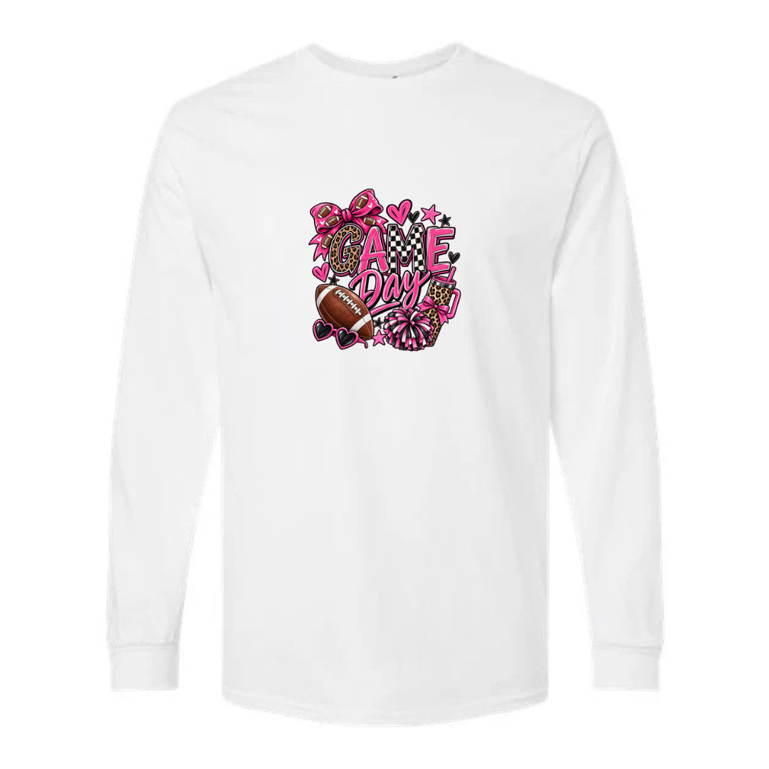 Game Day — Pink Leopard design on white long sleeve tee