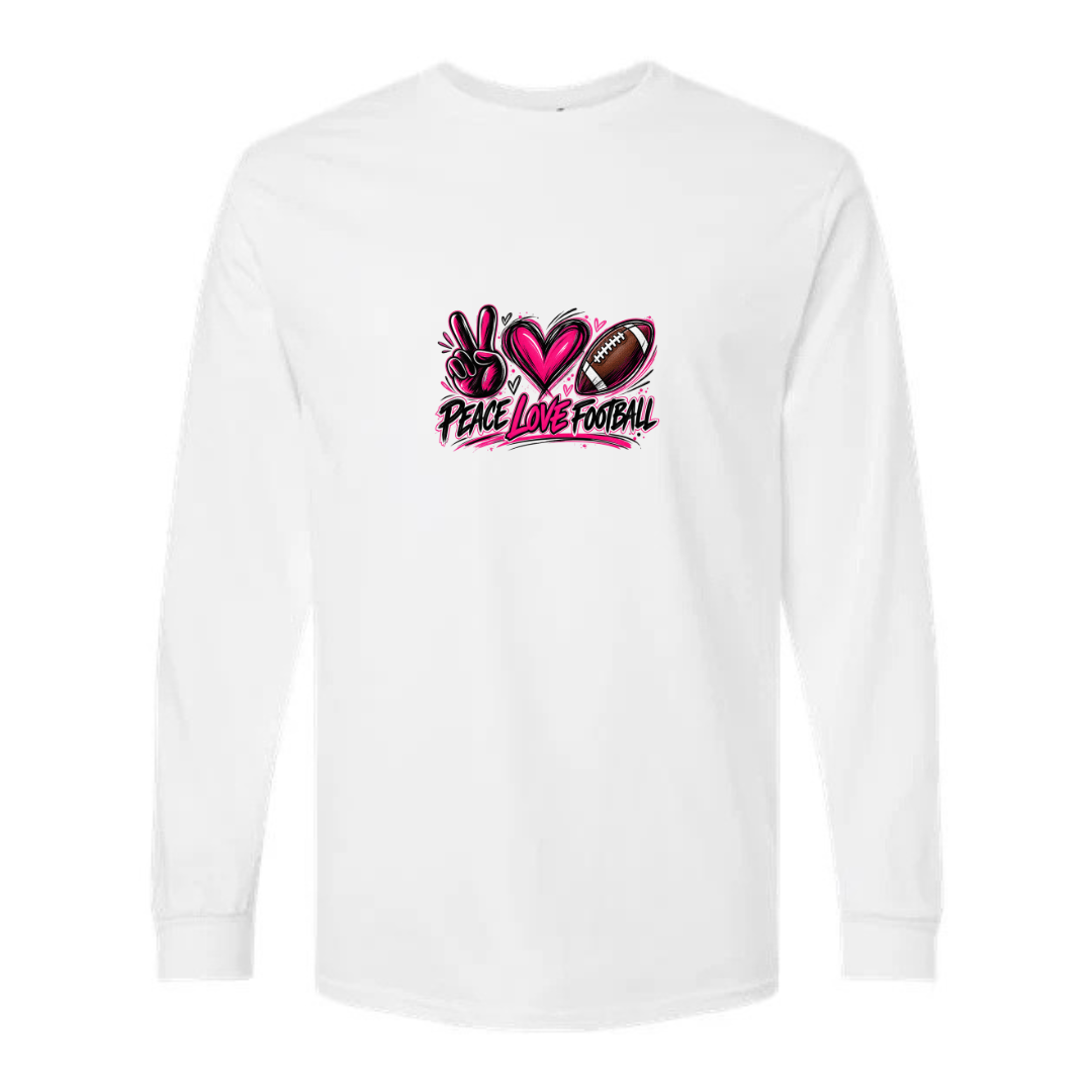 Peace Love Football design on white long sleeve tee