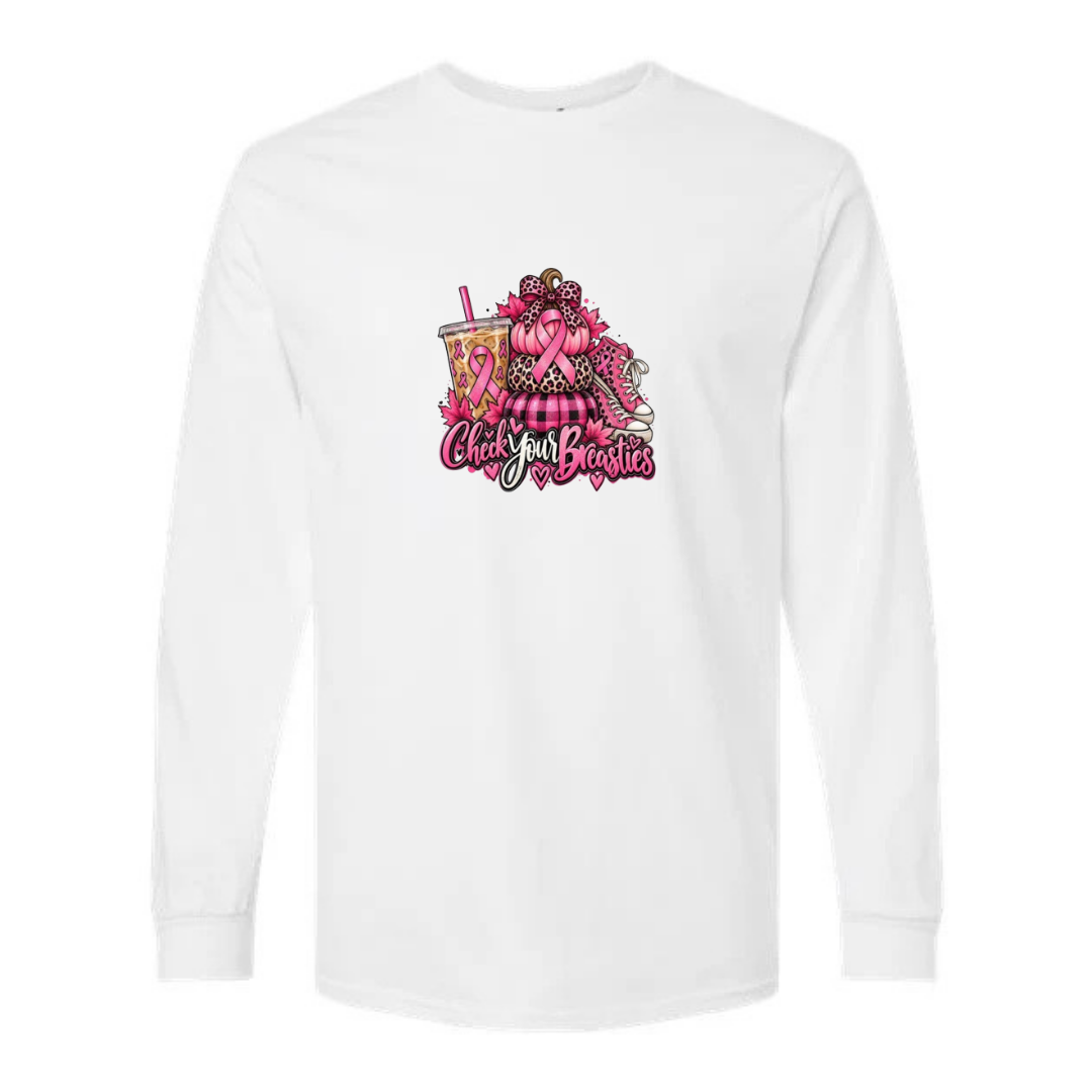 Check Your Breasties design on white long sleeve tee