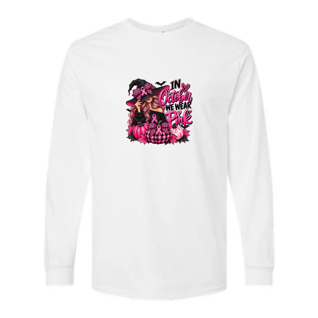 In October We Wear Pink — Witch Hat design on white long sleeve tee