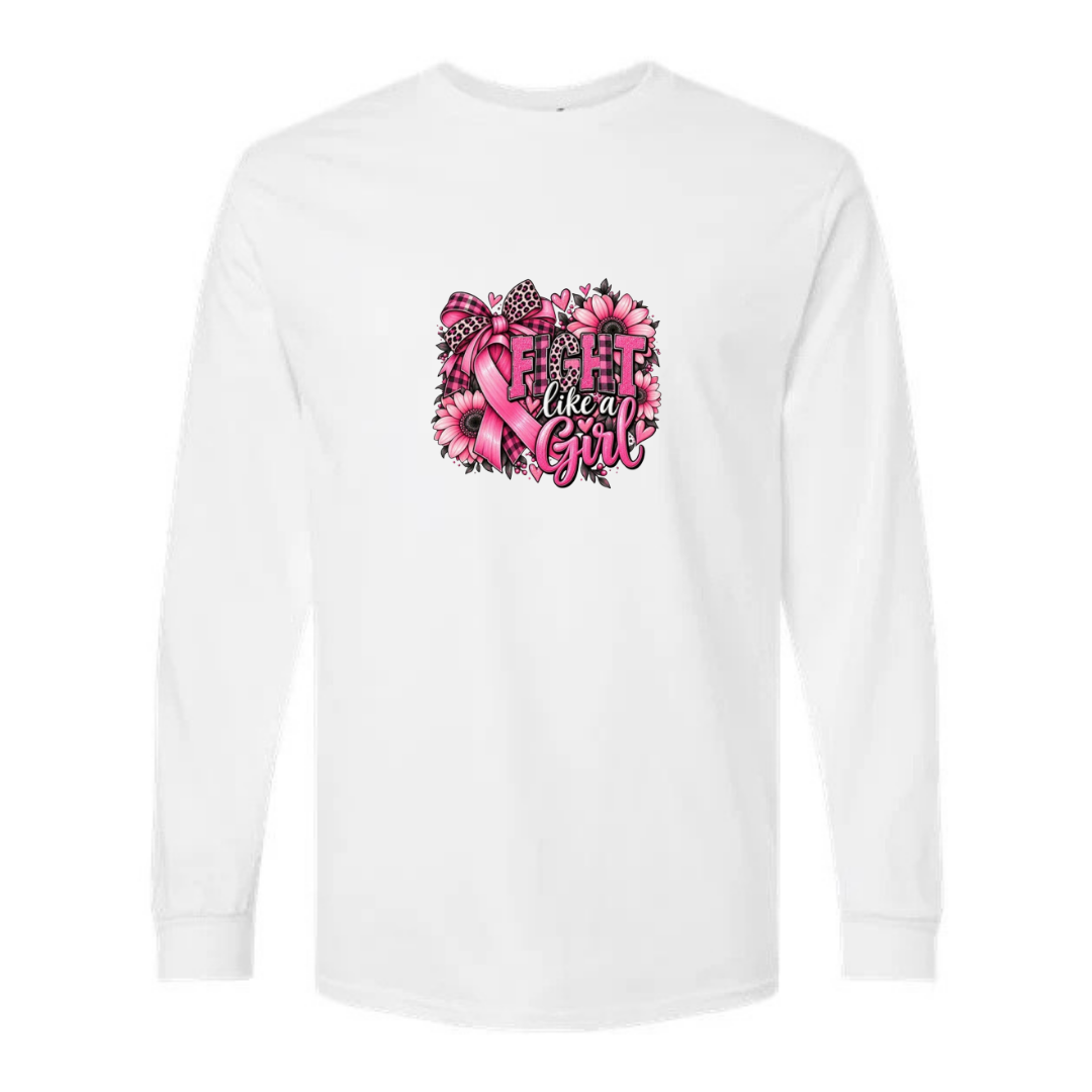 Fight Like A Girl — Sunflower Bow design on white long sleeve tee
