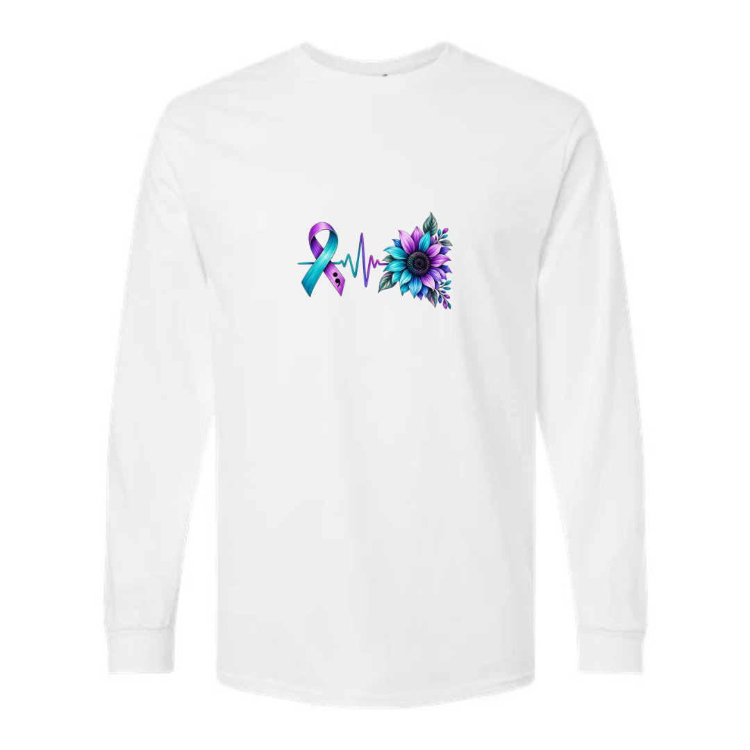Suicide Prevention Ribbon Sunflower design on white long sleeve tee