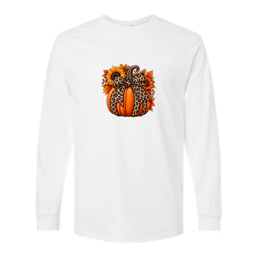 Leopard Pumpkin With Bow design on white long sleeve tee