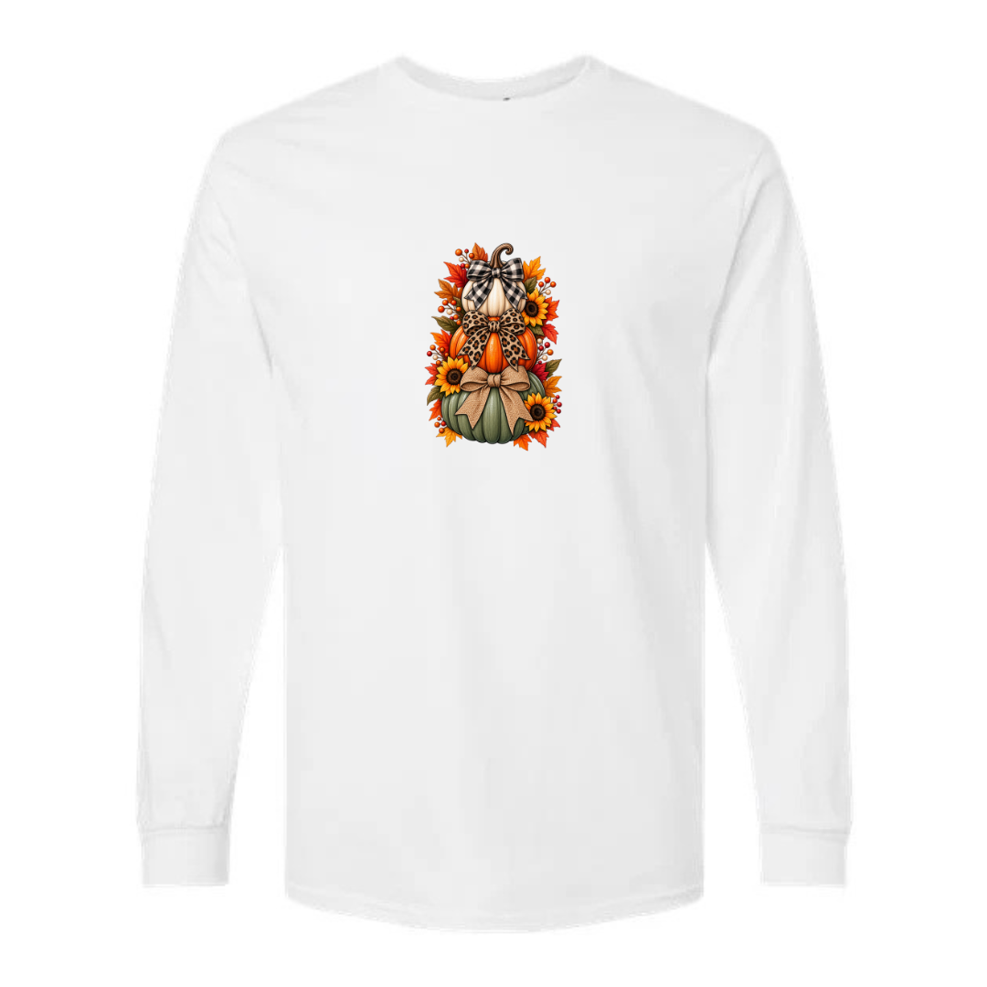 Stacked Pumpkins With Bows design on white long sleeve tee