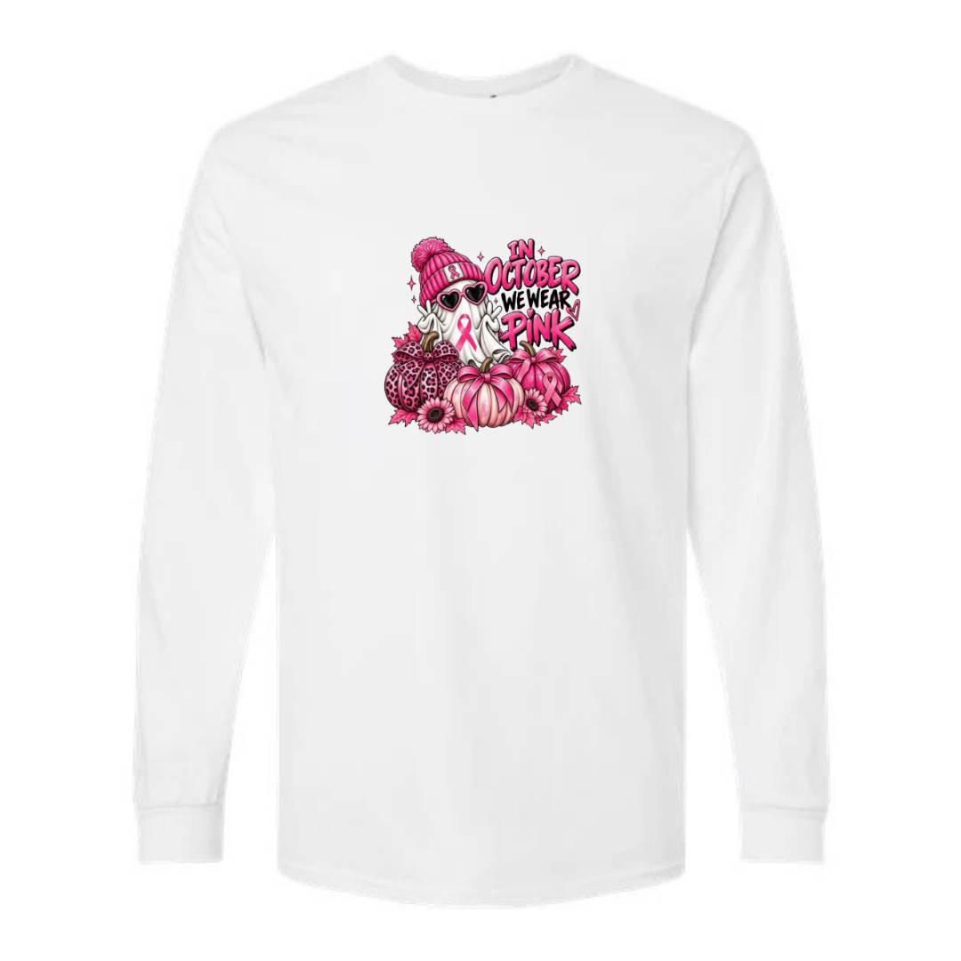 In October We Wear Pink — Ghost design on white long sleeve tee