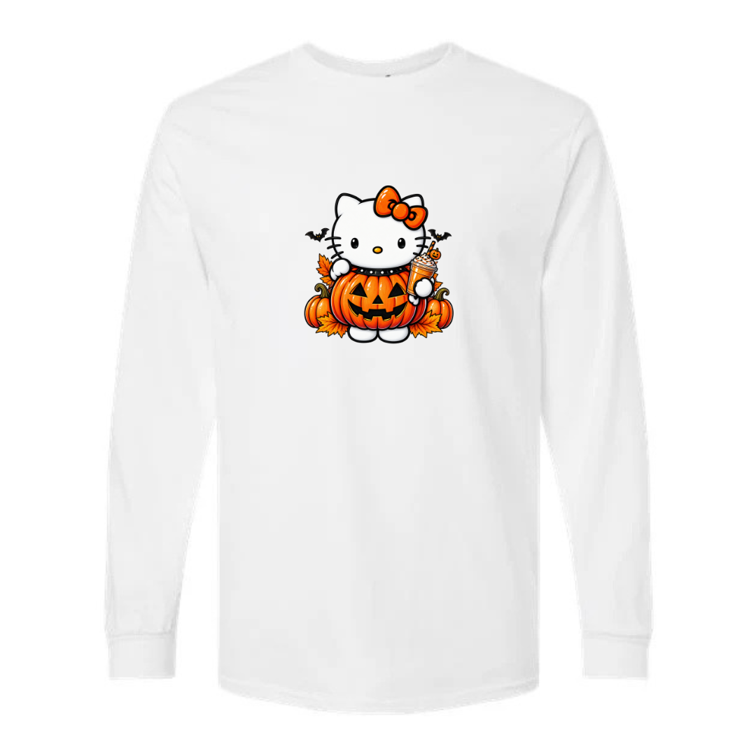Kitty Pumpkin Latte design on white long sleeve tee