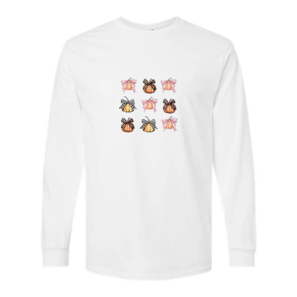Coquette Pumpkin Bows design on white long sleeve tee