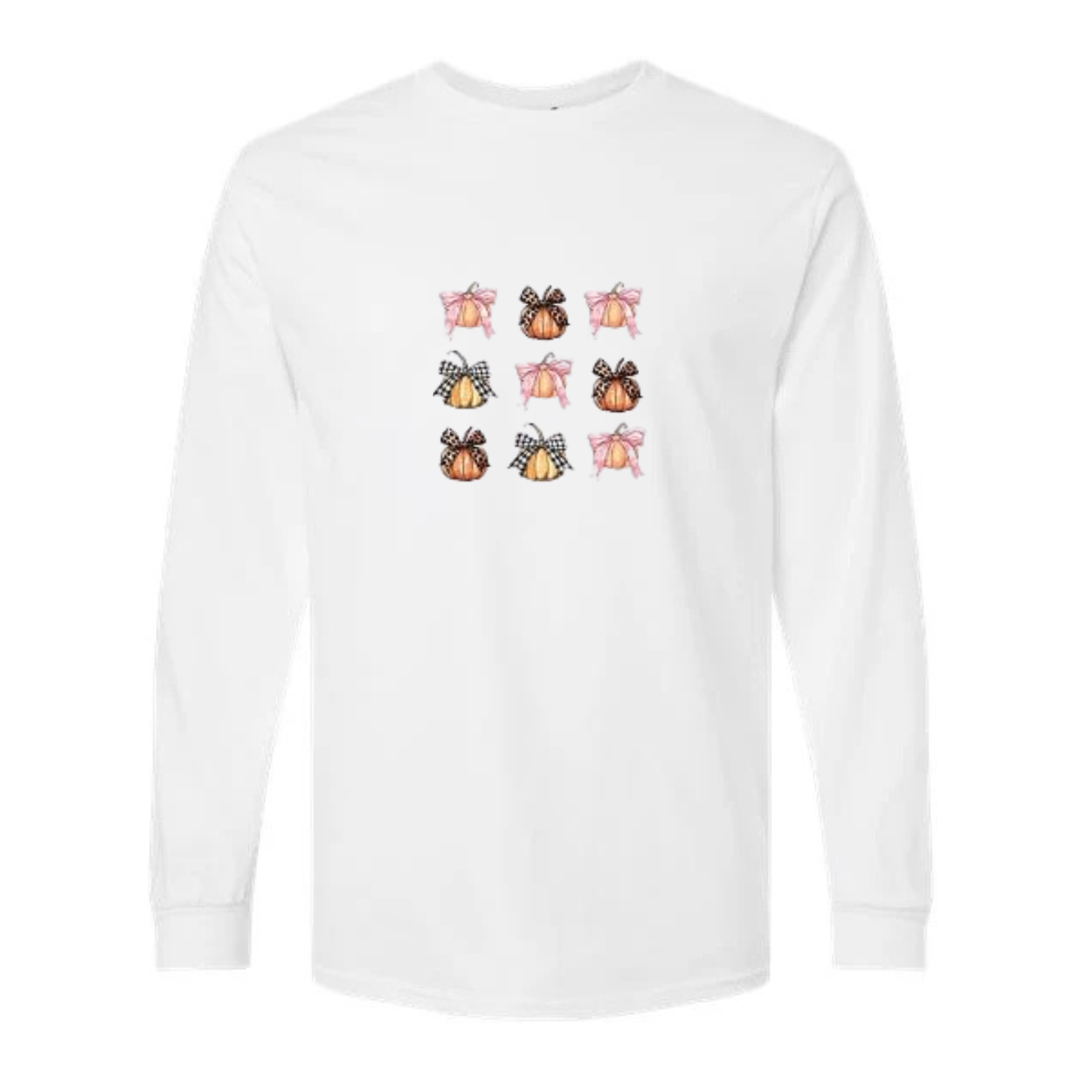 Coquette Pumpkin Bows design on white long sleeve tee