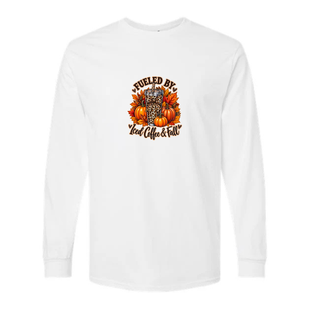 Fueled By Iced Coffee & Fall design on white long sleeve tee