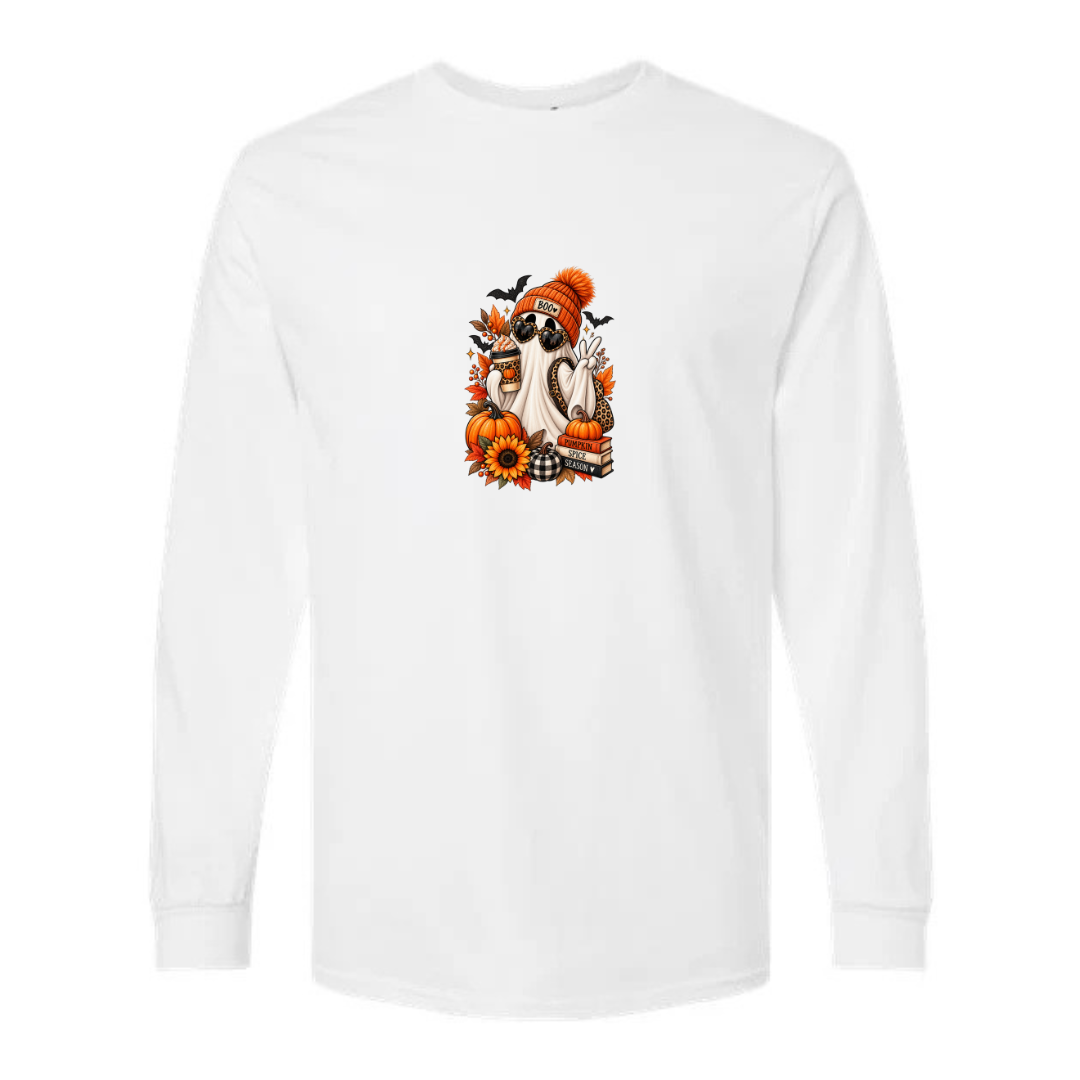 Pumpkin Spice Season Ghost design on white long sleeve tee