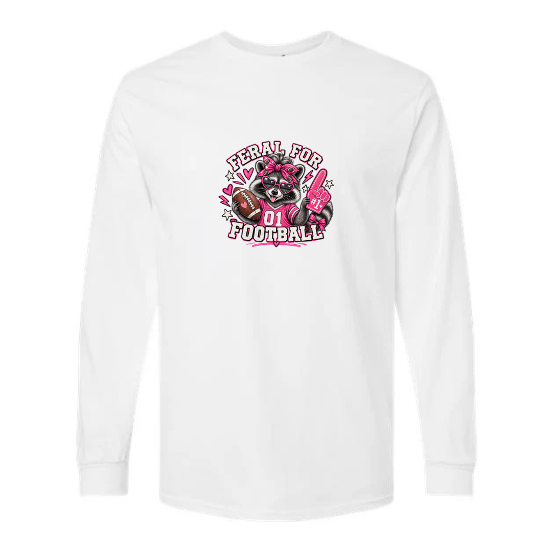 Feral For Football — Pink Cheer design on white long sleeve tee