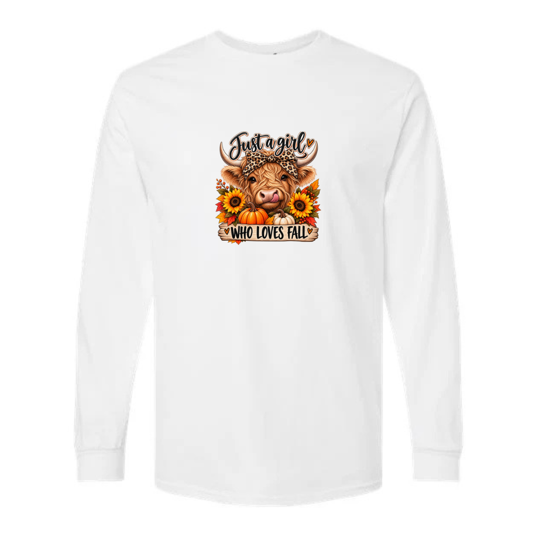 Just A Girl Who Loves Fall design on white long sleeve tee