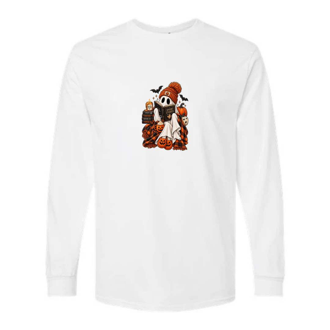 Spooky Stories design on white long sleeve tee