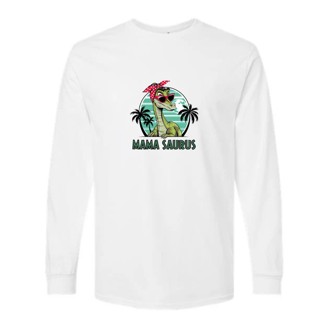 Mama Saurus design on white long sleeve tee