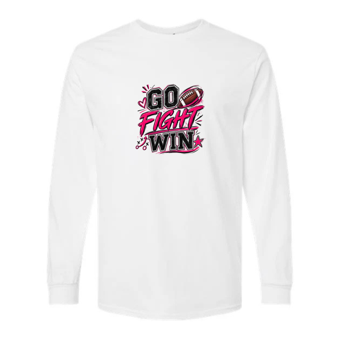 Go Fight Win design on white long sleeve tee