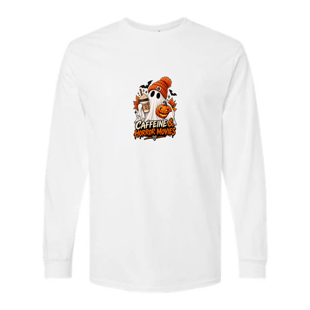 Caffeine & Horror Movies design on white long sleeve tee