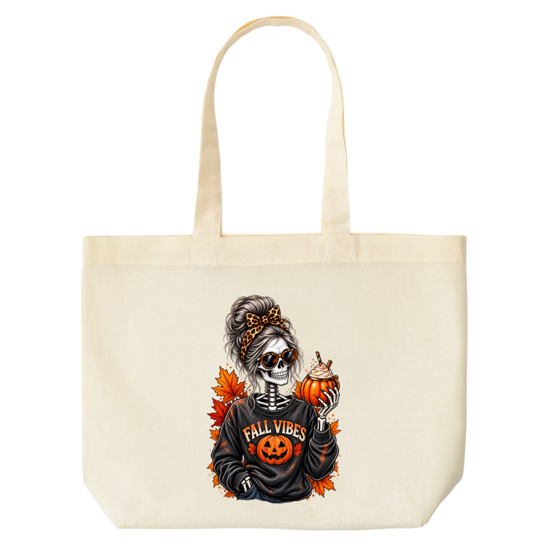 Fall Vibes Skeleton design on natural canvas tote