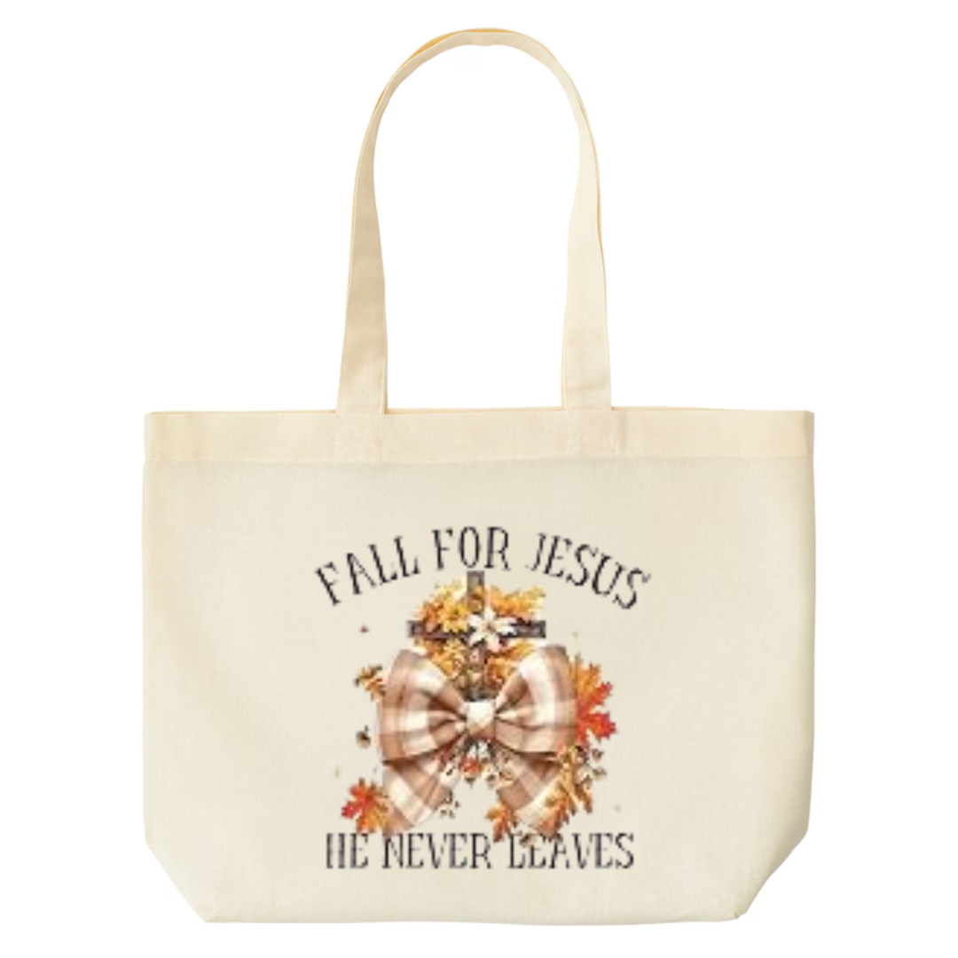 Fall For Jesus He Never Leaves design on natural canvas tote