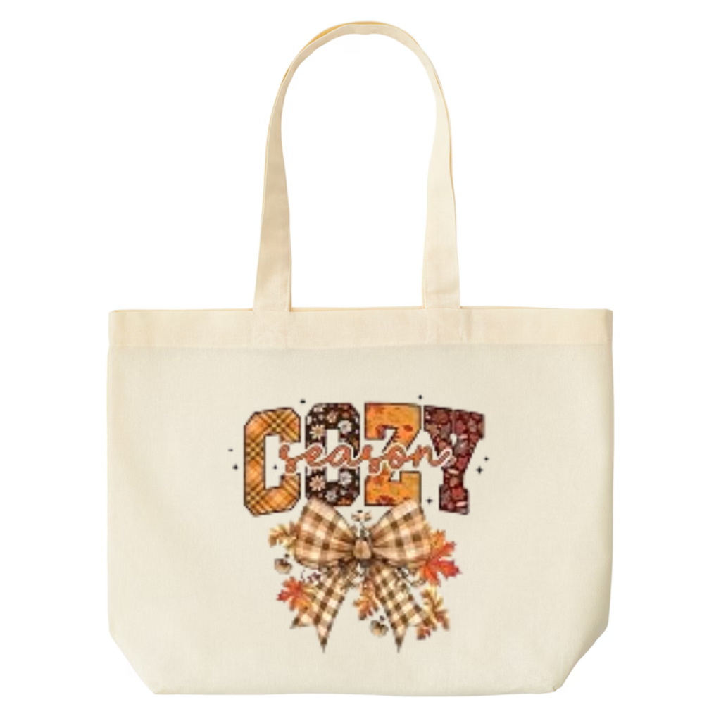 Cozy Season design on natural canvas tote