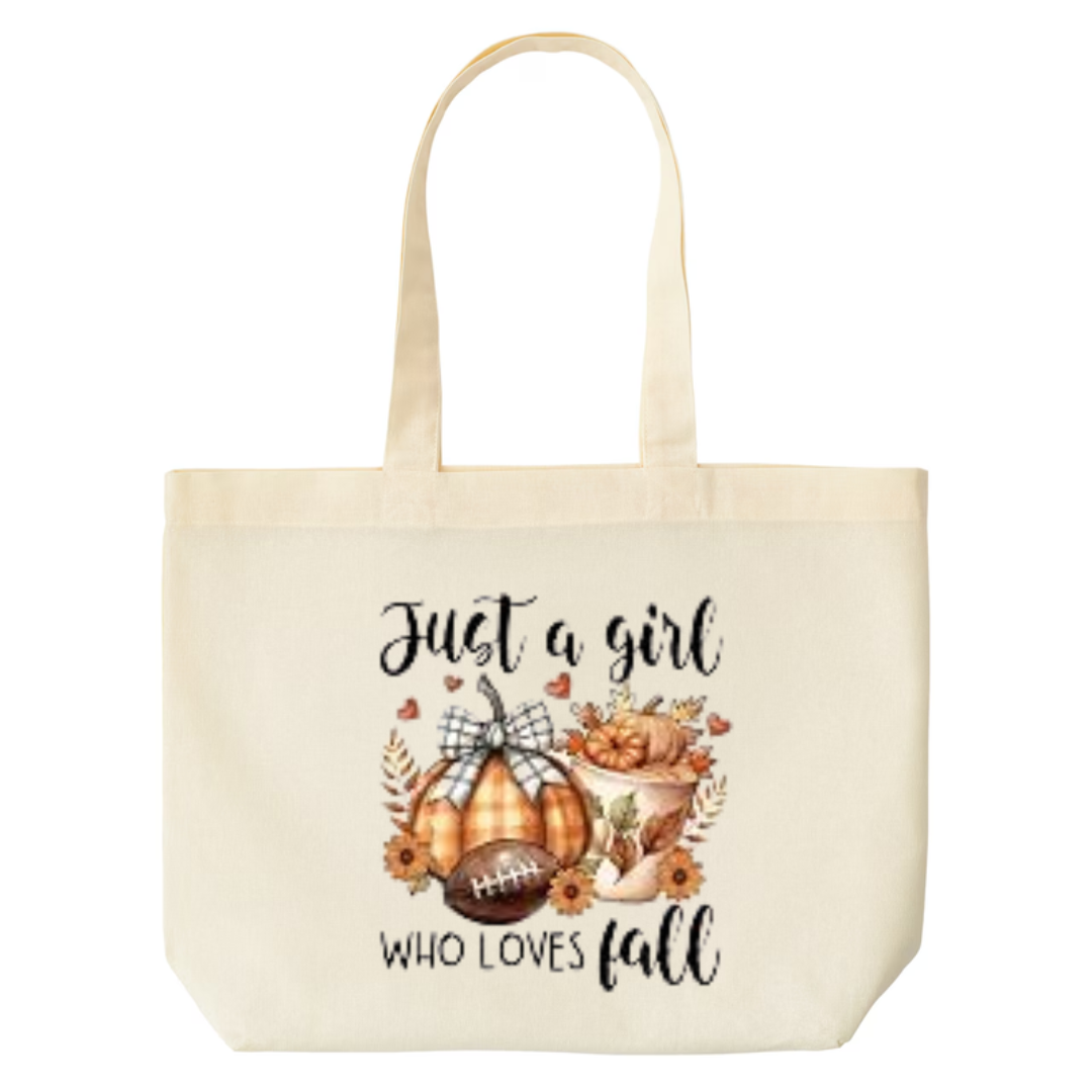 Just A Girl Who Loves Fall design on natural canvas tote