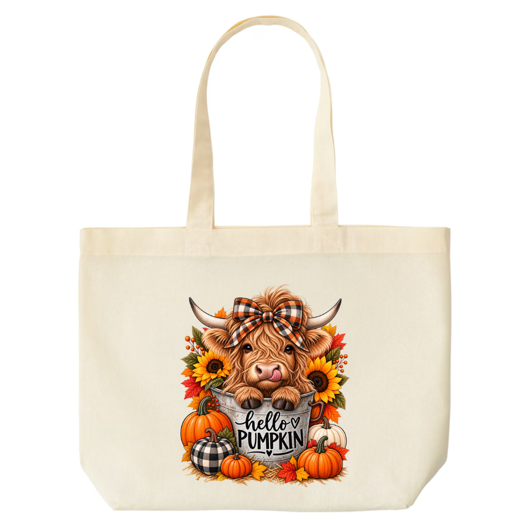 Hello Pumpkin Highland Cow design on natural canvas tote