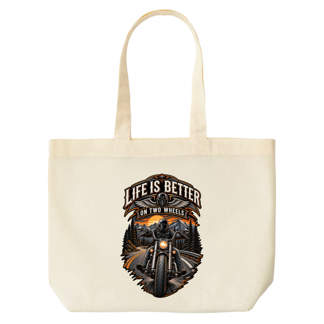 Life Is Better On Two Wheels design on natural canvas tote