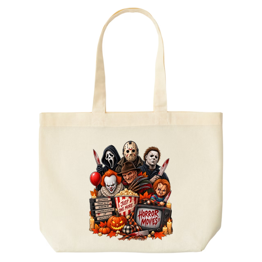 Just One More Horror Movie design on natural canvas tote