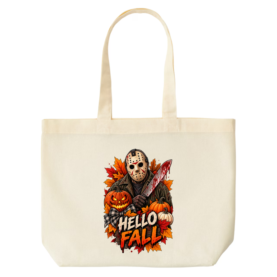 Hello Fall design on natural canvas tote
