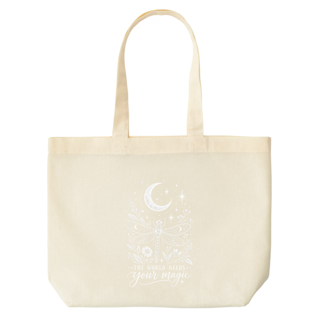 The World Needs Your Magic design on natural canvas tote