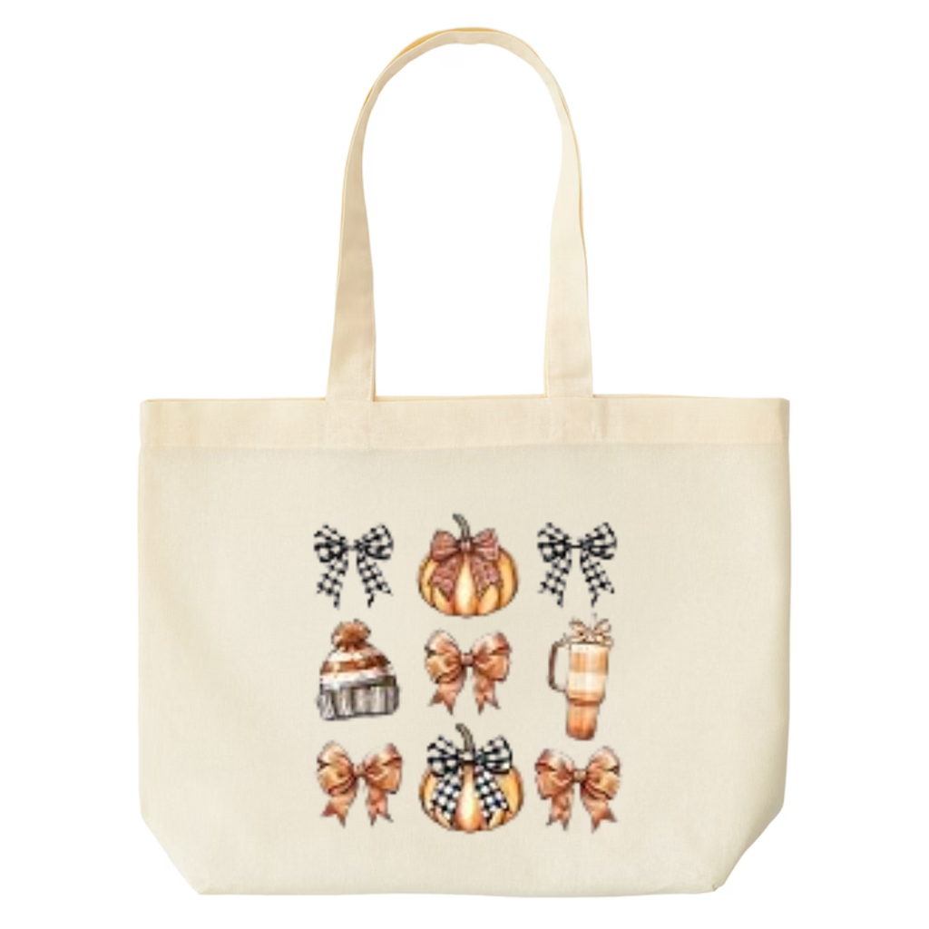Cozy Bows and Brews design on natural canvas tote